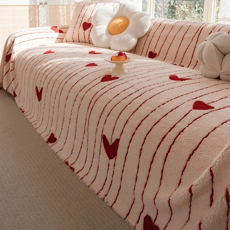 Flannel Sofa Cushion Stripes Heart Jacquard Seat Cover Scratched Resistant Dustproof Christmas/New Year Home Decor Sofa Blanket