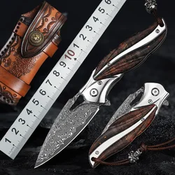 Damascus Steel Folding Knife Pocket Knife Stable cured wooden handle EDC multi-purpose knife for outdoor camping self-defense