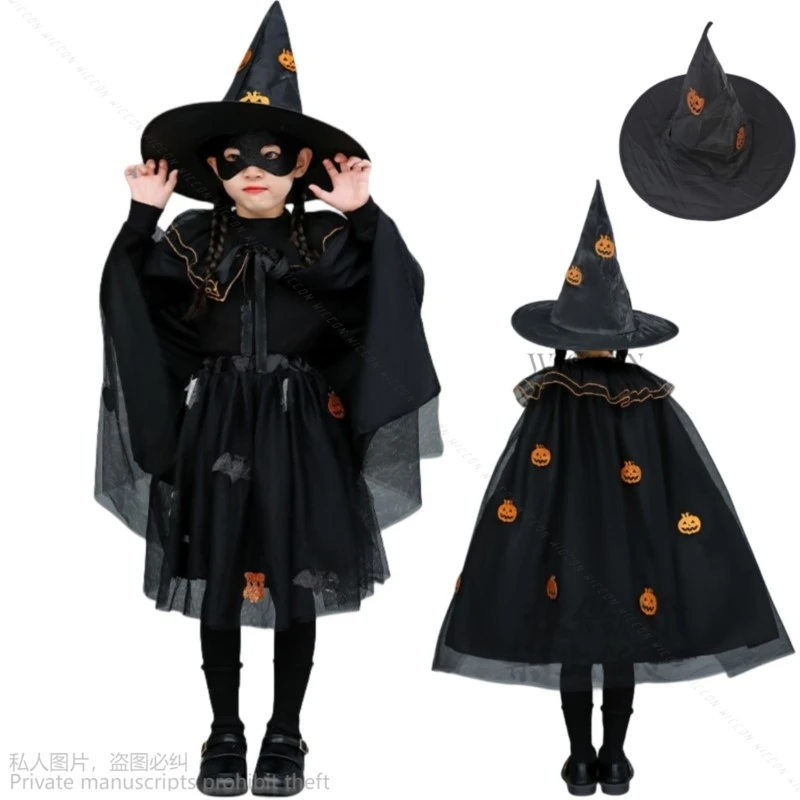 

2024 Halloween Cosplay Costume Kids Witch Mesh Yarn Cloak Lolita Princess Skirt Children Kawaii Christmas Birthday Party Suit