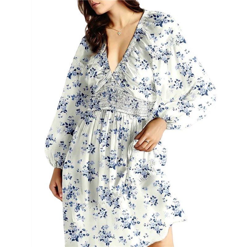 CYL-Women Fall Boho Floral V Neck Long Sleeve Smocked Elastic Waist Casual A-Line Mini Dress Sundress