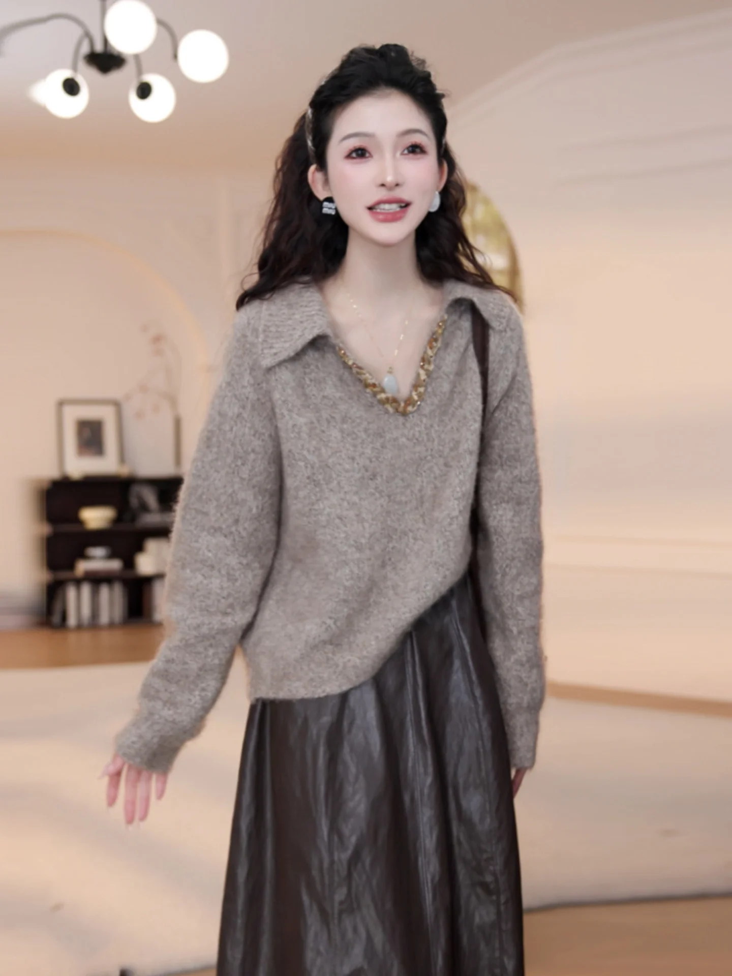 Ele Pure Color Long Sve вязаный свитер простой дизайн удобный крой осенний модный повседневный шикарный женский вязаный топ