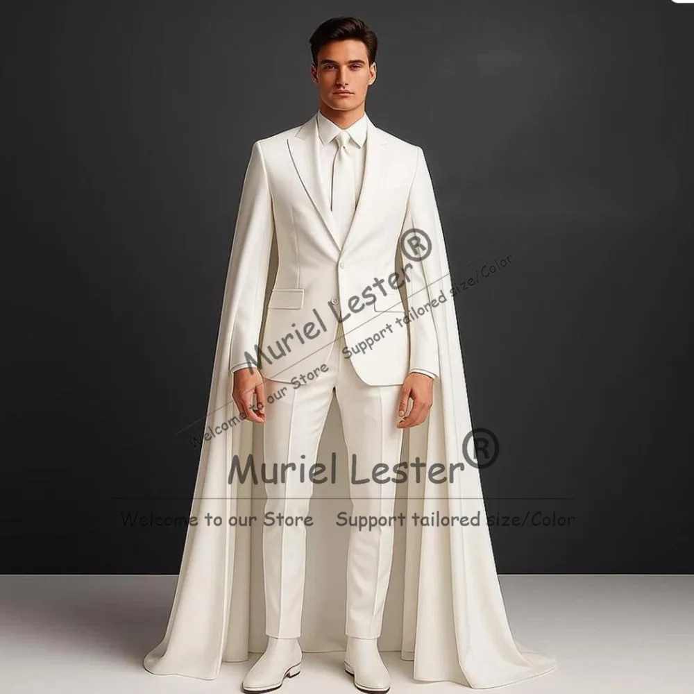 Elegant Solid Suits Men For Wedding Single Breasted Prom Blazer With Cape Long Customized 2 Piece Sets Groom Dinner Party Tuxedo