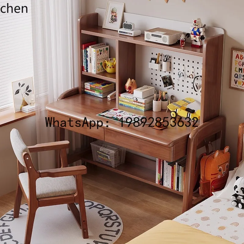 

solid wood home office pegboard desk with integrated bookshelf