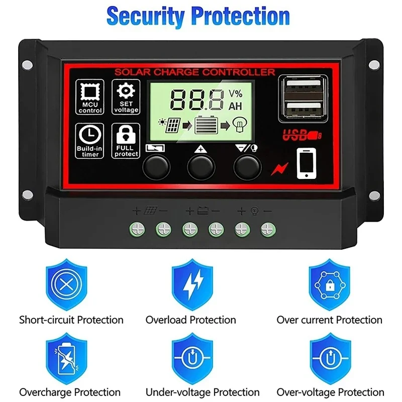 Solar Charge Controller 12V24V 10A/20A/30A/40A/50A/60A/80A/90A/100A Auto LCD Display USB Panel PV Regulator Load Discharger