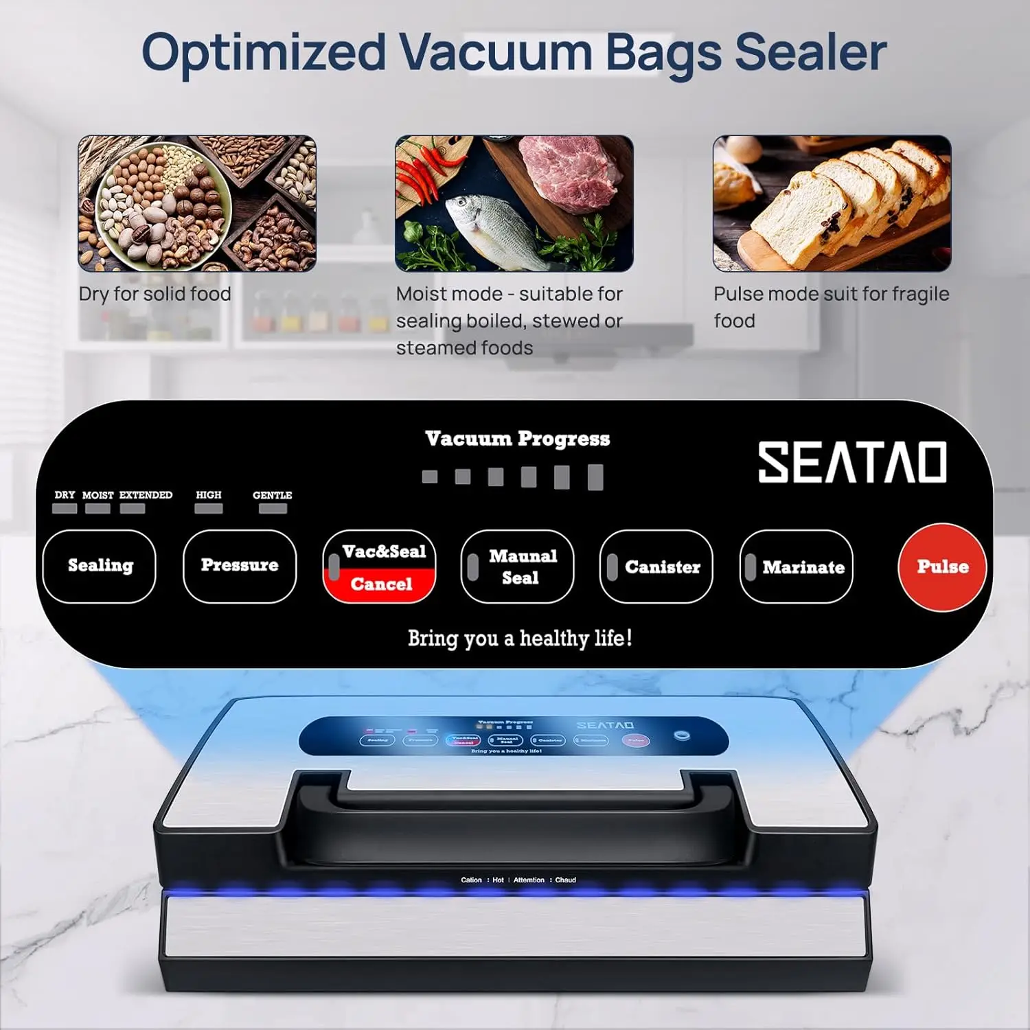 Automatic Vacuum Sealer Machine, 90kPa Multifunction Commercial Vacuum Food Sealer For Food Preservation, Dry & Mo