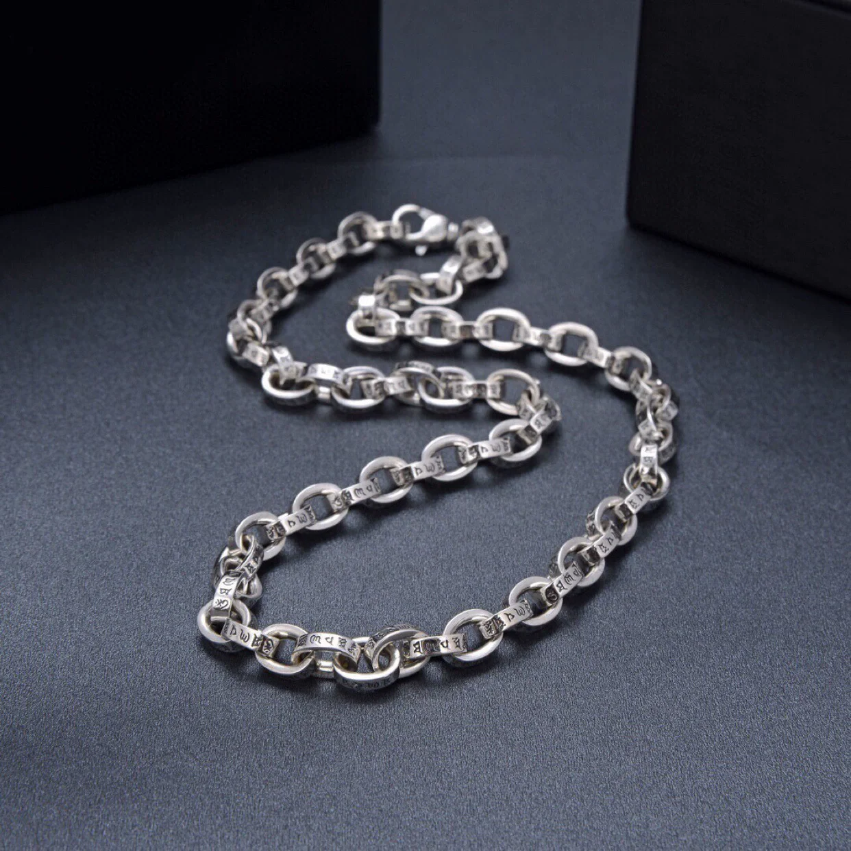 925 sterling silver six character personalized necklace with a width of 8mm Rough and domineering retro trend hoodie chain punk