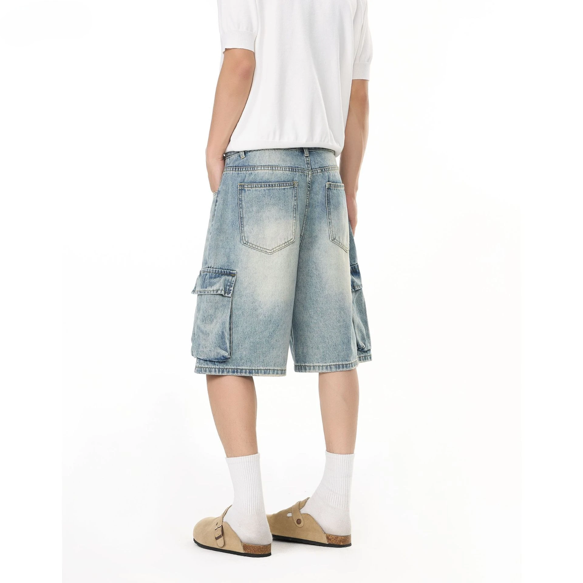 2026 Summer New Products Men's Washed Cat Whisker Tooling Denim Shorts Straight Loose and Old Five-point Medium Pants