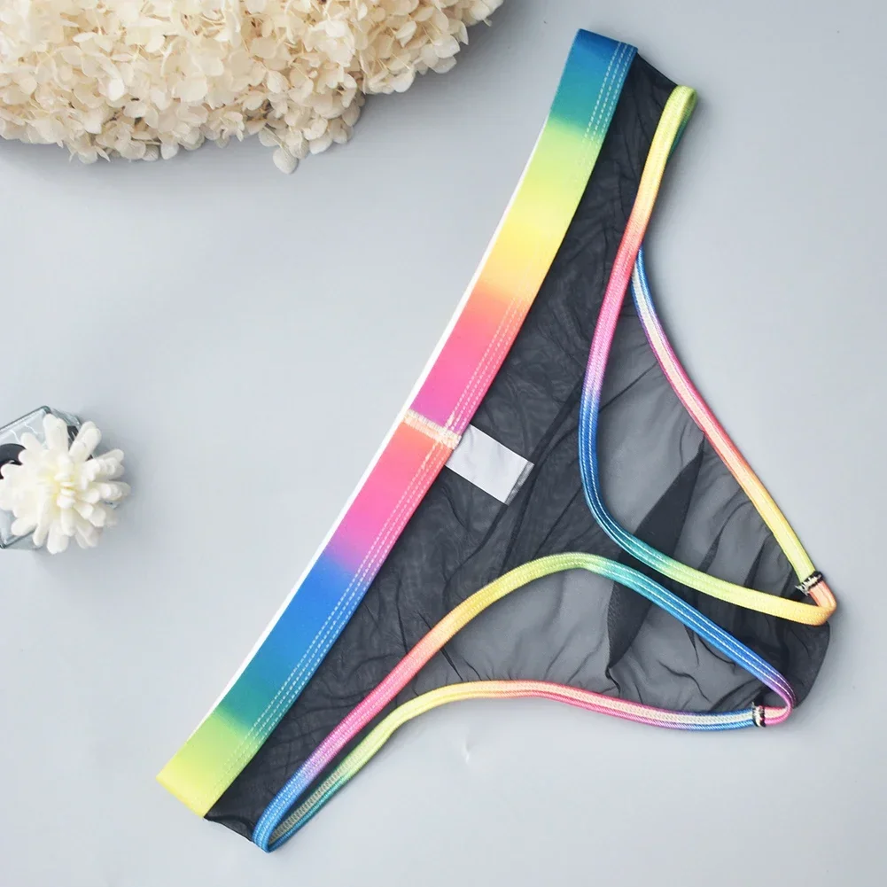 Mens Sexy See Through Mesh Low Waist Briefs Thong Underpants Panties Lingerie Underwear Tempting Rainbow Thin Men's G-string