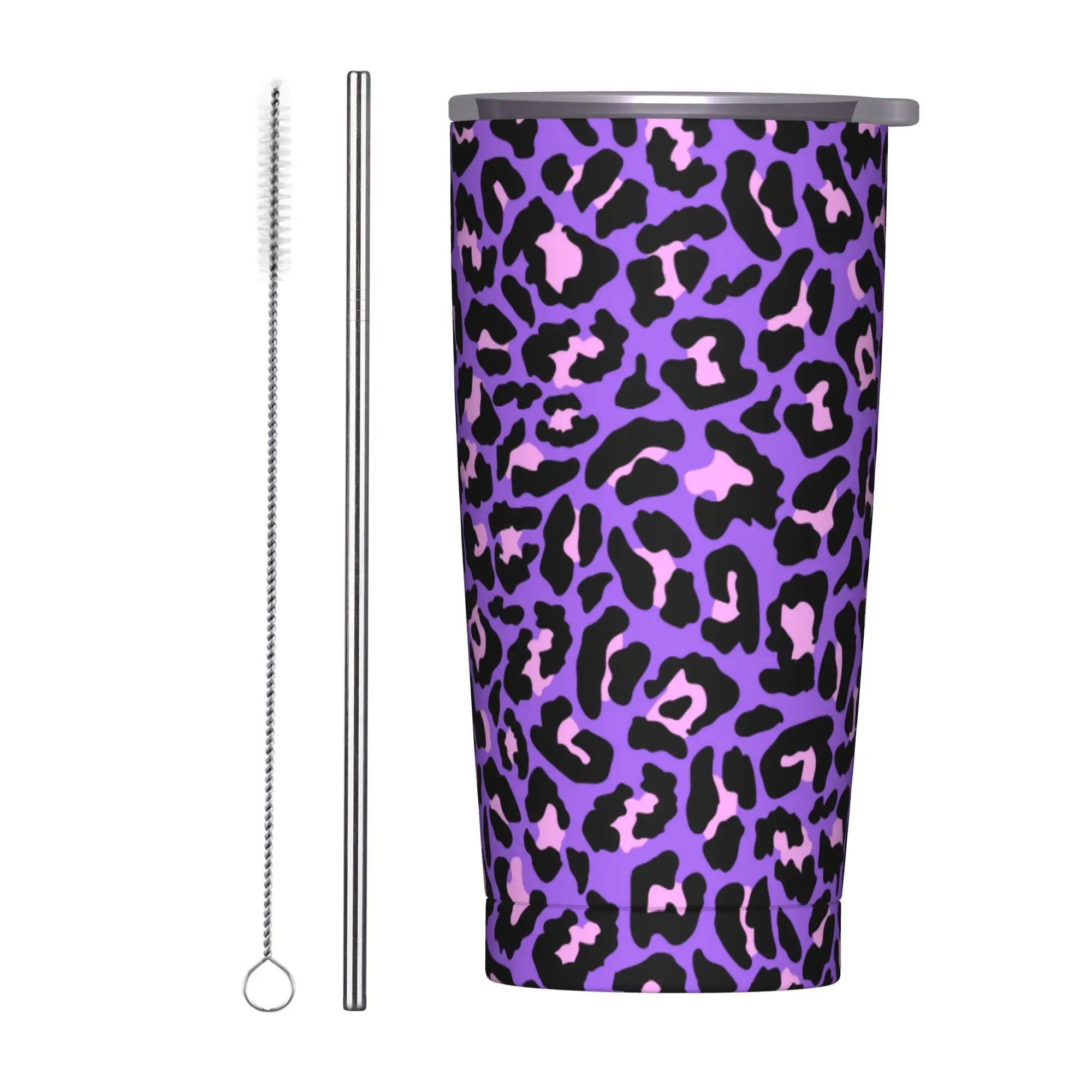 Neon Purple Pink Leopard Print Insulated Tumbler with Straws Lid Exotic Animals Stainless Steel Thermal Mug Bottle Cup, 20oz