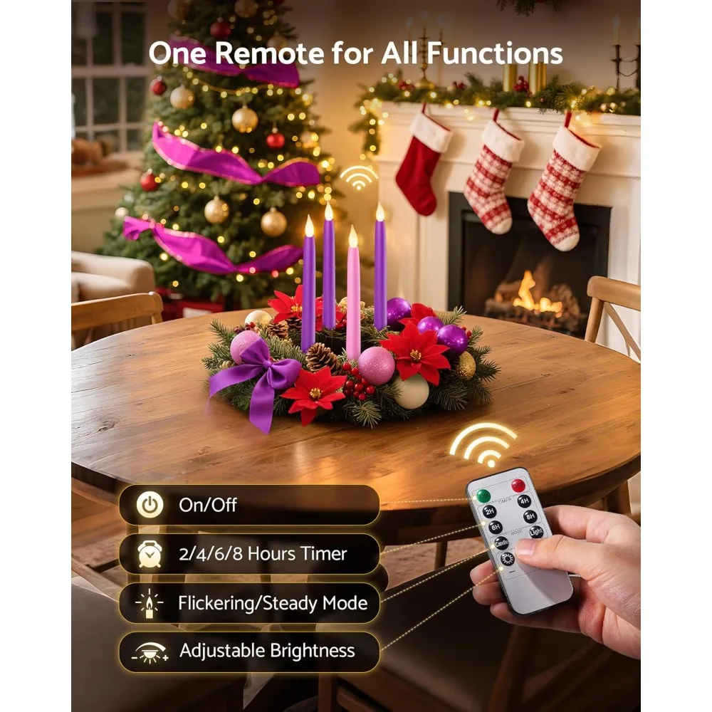 Conjunto de 5 velas operadas por bateria de 10,5 '' com controle remoto, temporizador e dimmer, castiçais cônicos LED sem chama de plástico para advento