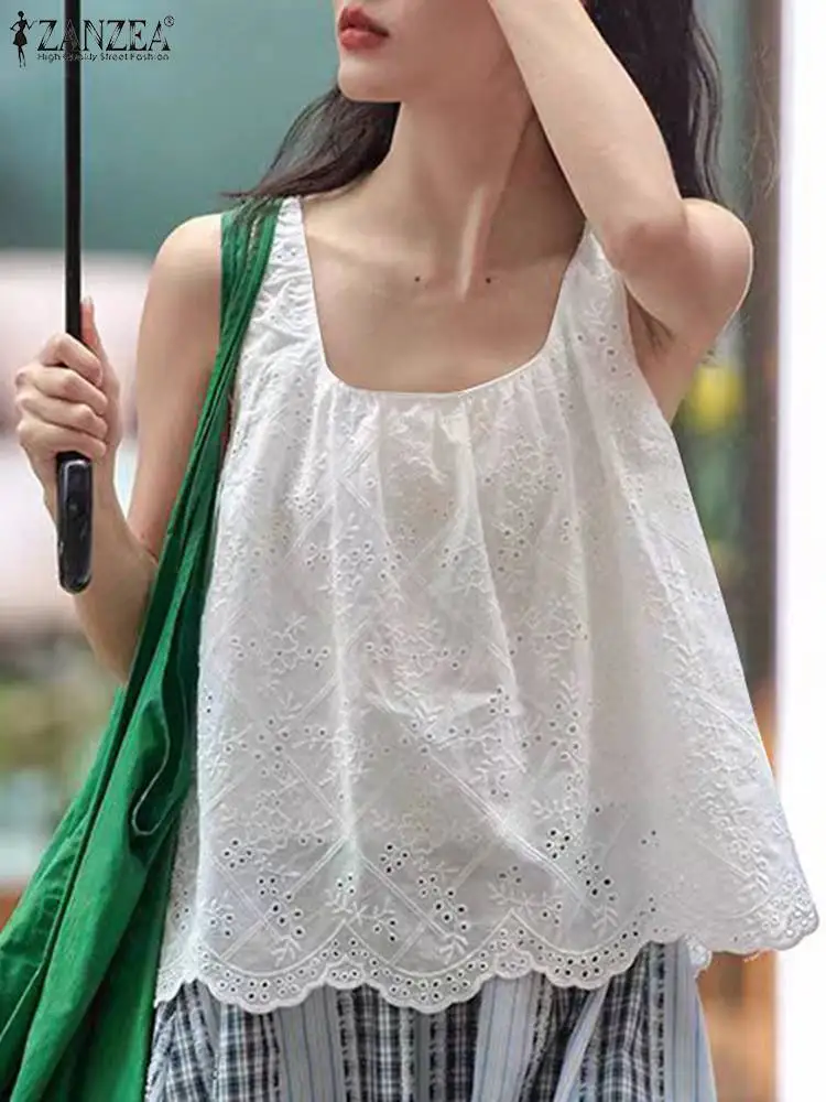 ZANZEA Sweety White Camis Women Summer Cotton Tank Tops Korean Hollow Out U-collar Vests 2024 Fashion Loose Ruffle Tanks Blouse