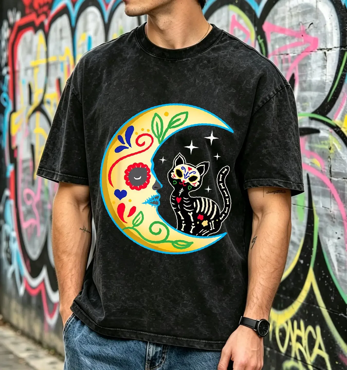 washed T Shirt Cat Moon Sugar Skull Dia de Los Muertos Day of The Dead Size S 5XL vintage Washed Top For Everyday Wear Casual