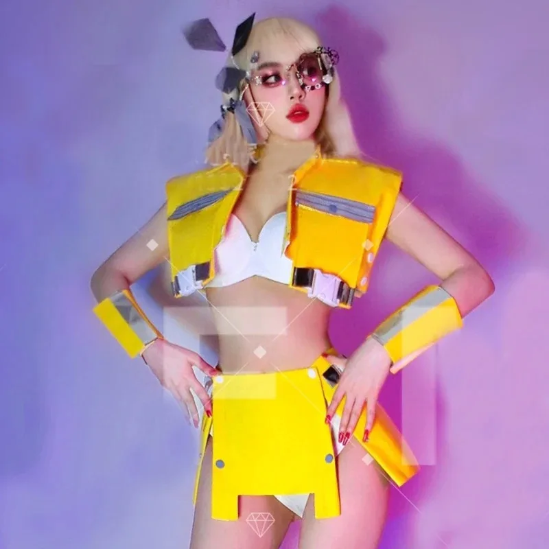 Bar Nightclub Ds Dj Party Festival Outfit Sexy Gogo Dancer Costumes Yellow Leather Pole Dance Clothing Stage Rave Wear XS8329