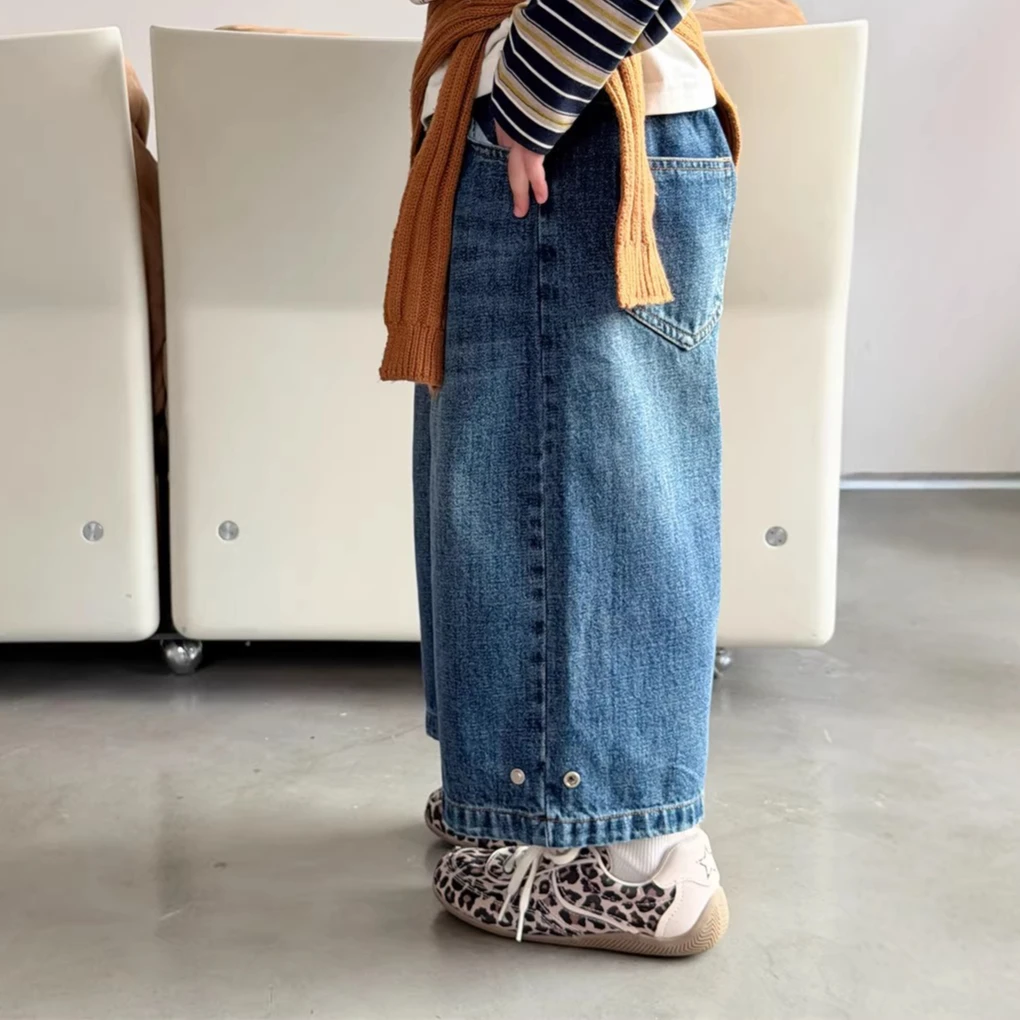 Pants 2026 Spring and Summer New Childrens Clothing Korean Style Boys and Girls Casual Sand Wash Straight Tube 7 Minutes Jeans