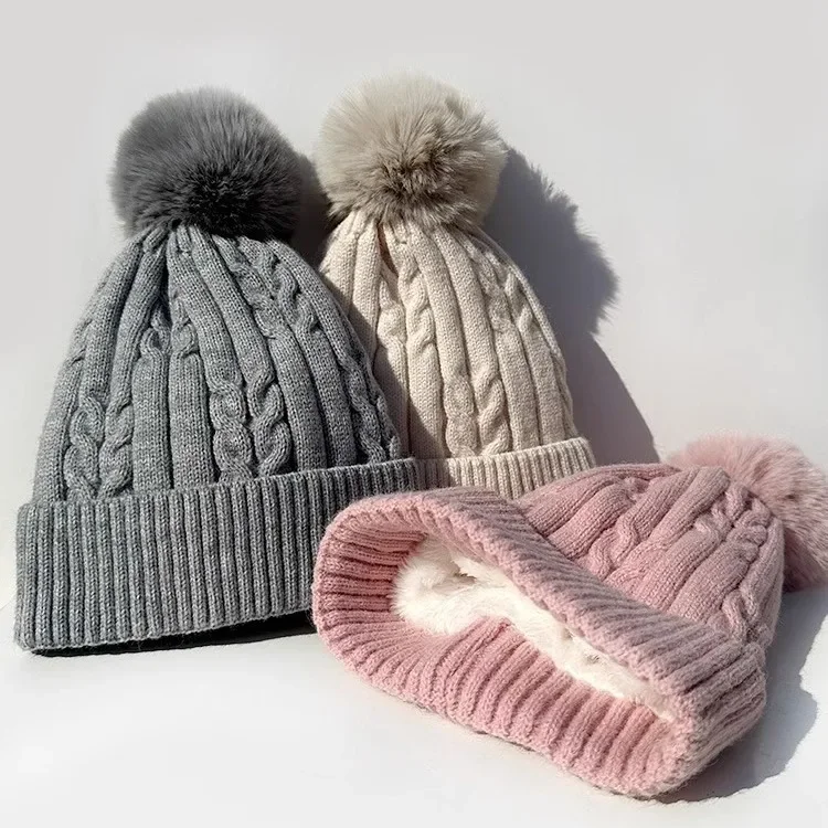 

New Winter Twist Knitting Hat For Women Fur Pompom Thick Plush Cap Beanie Solid Color Ladies Warm Ski Snow Skullies Beanies