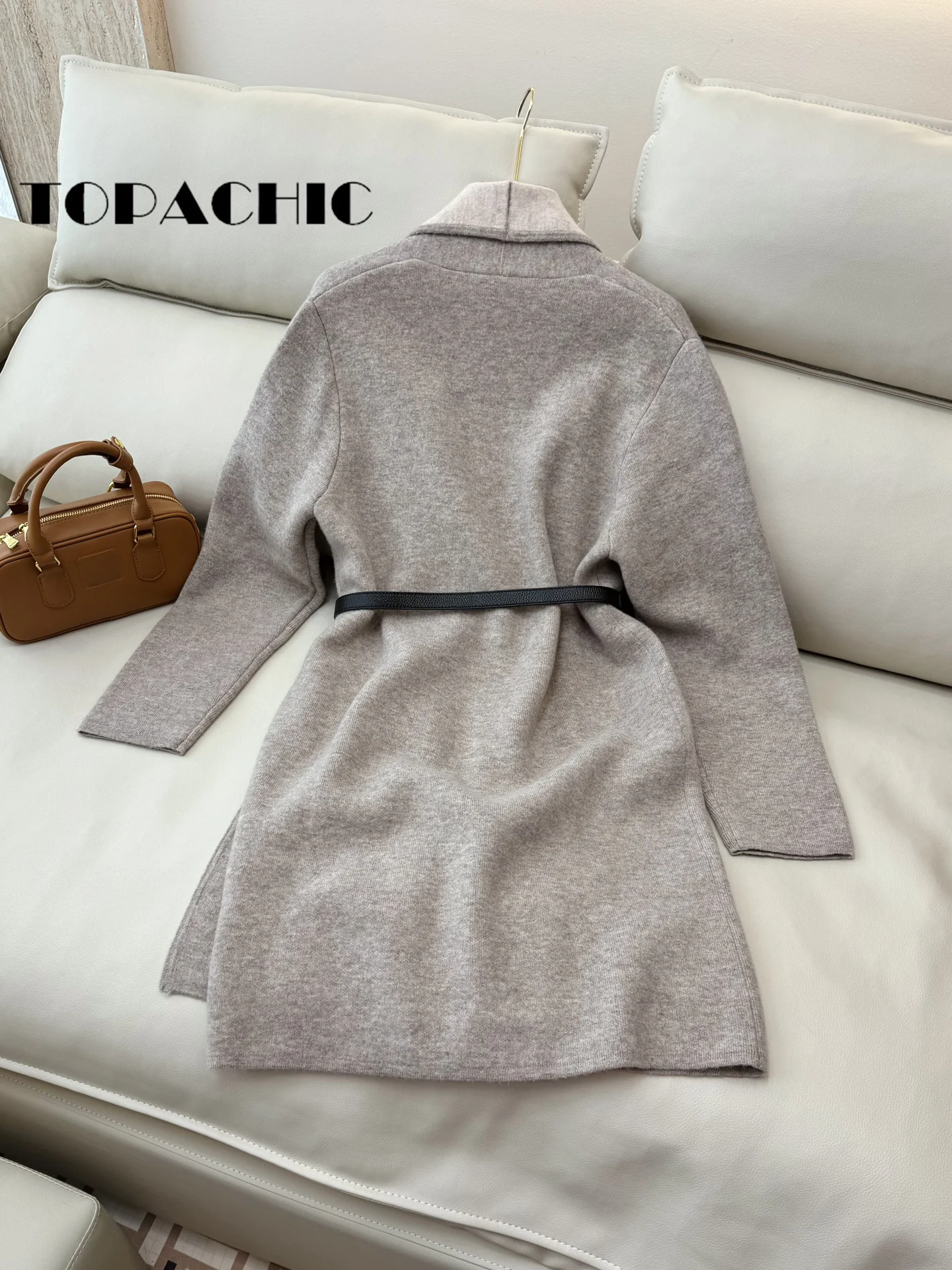 9.4 TOPACHIC Women\'s Elegant Double-Suede Spliced Color Lapel Wool Knit Cardigan Leather Sashed Collect Waist Long Knit Coat