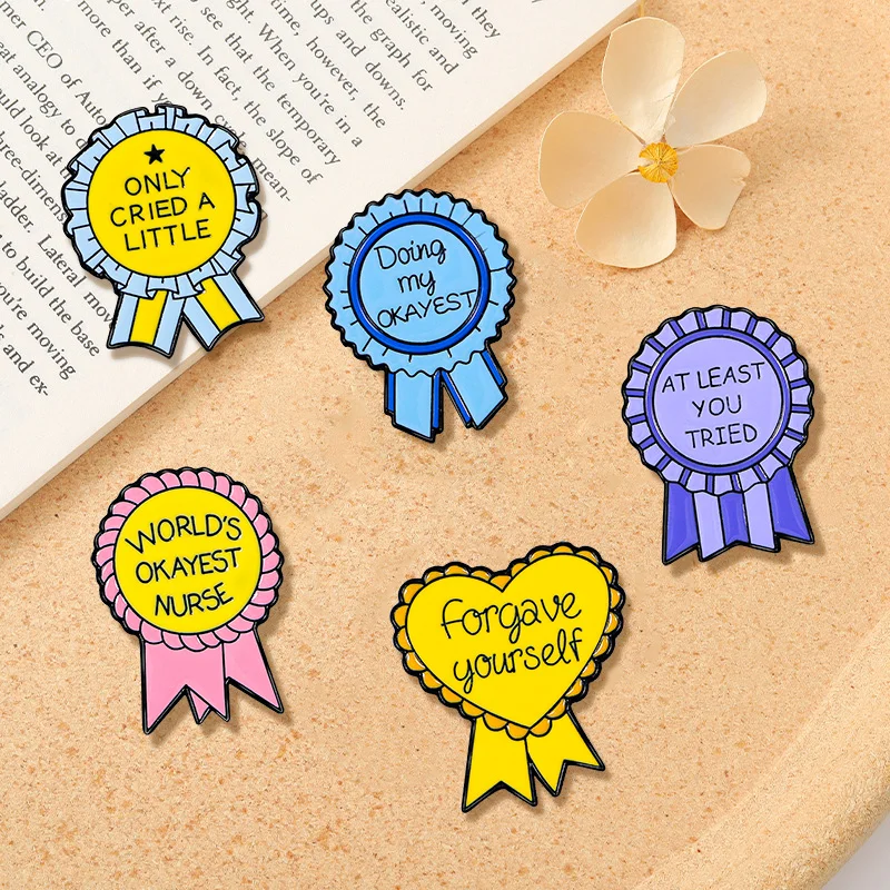 5Pcs/Set Best Wishes Bless Words Medal Collection Pins Letter Worlds Okayest Nurse At Least You Tried Forgave Yourself Brooches