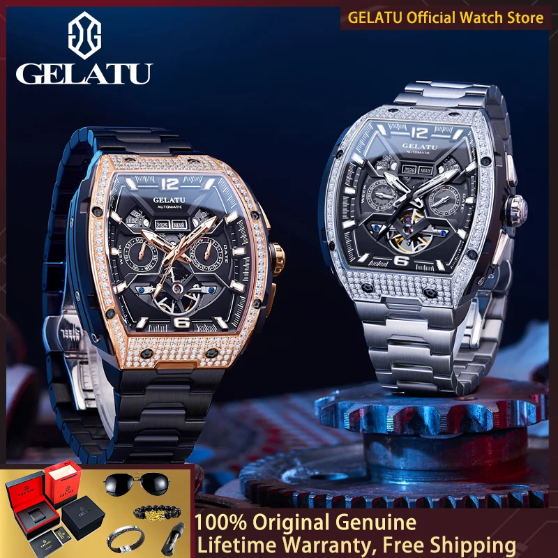 GELATU 6016 Men Watch Tourbillon Watch Diamond Hollow Men Automatic Mechanical Watch Luxury Cool Black Steel Brand Men Watch