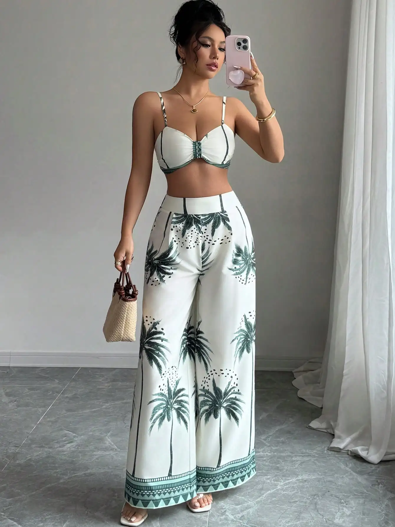 Women's Tropical Palm Print Two Piece Set with High Waisted Wide Leg Pants & Strappy Crop Top for Summer Vacation