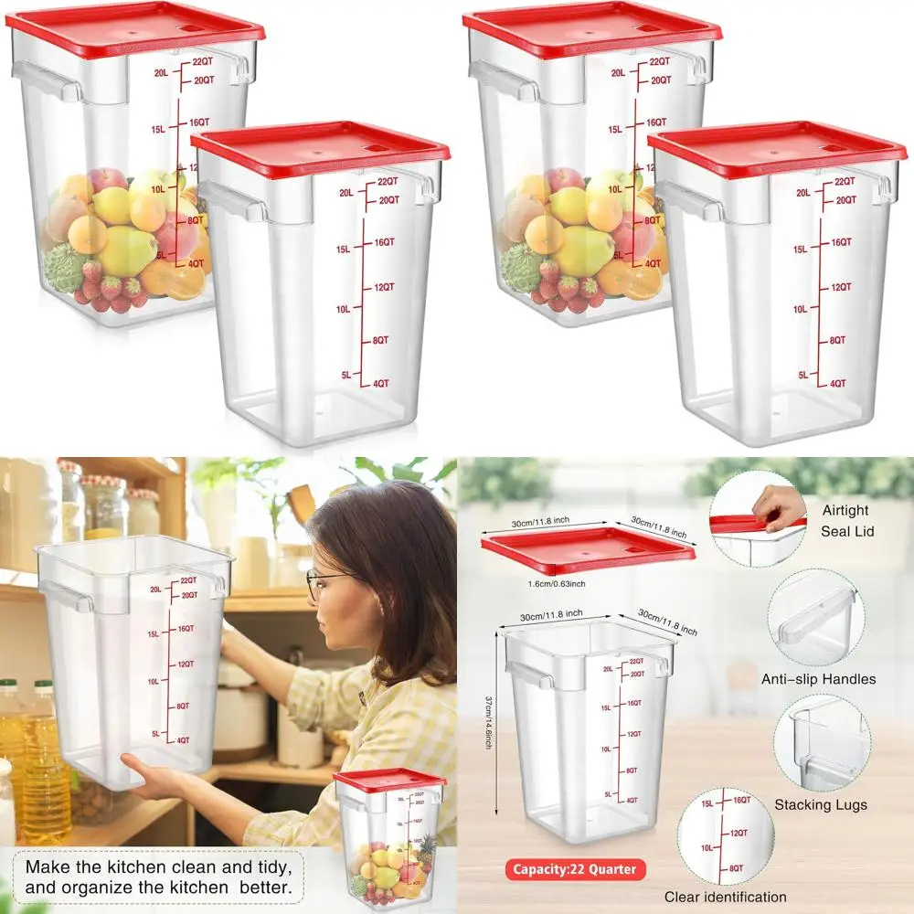 

2-Pack Clear Polycarbonate Square Food Storage Containers with Lids, 22 Qt, Red for Commercial Kitchen Use