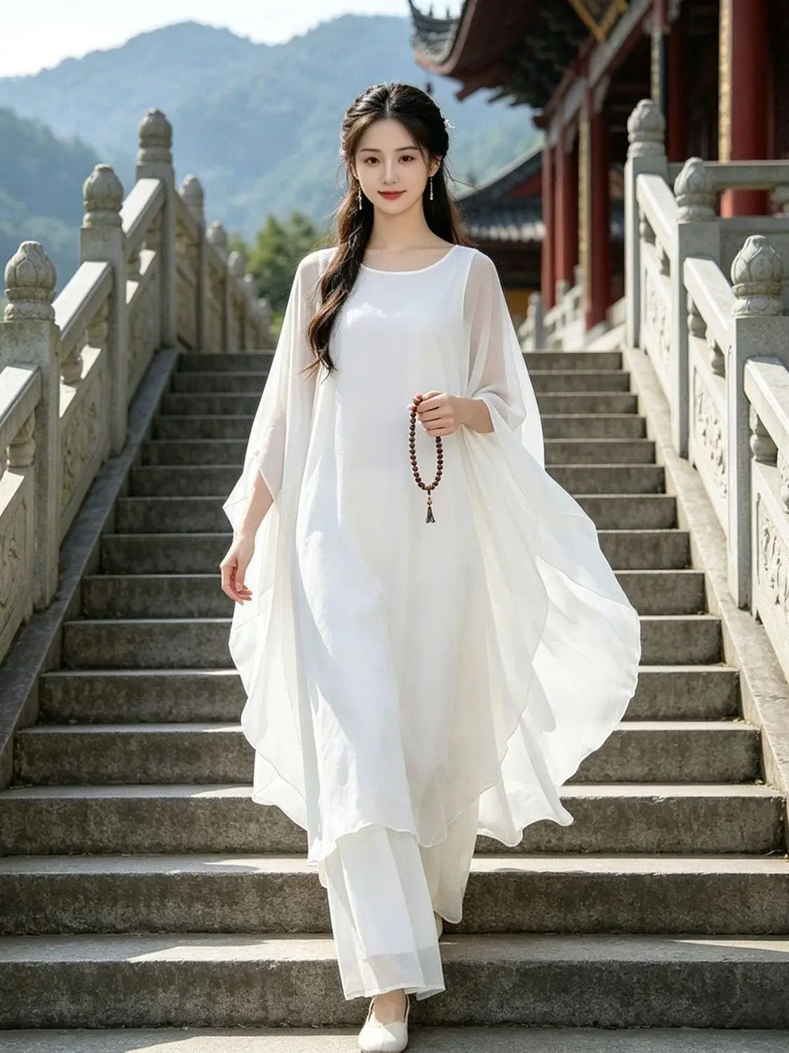 White Chiffon Dress Set Women Summer Zen Dance Clothes Zen Meditation Lay Buddhist Robe Loose Fit Breathable Casual Fashion Set