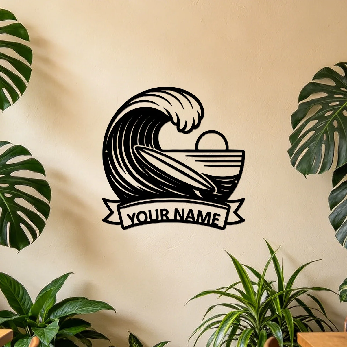 Custom Surfer Name Sign Metal Wall Art, Personalized Ocean Wave Surfboard Wall Sign, Beach Home Decor Surf Lover Present 30x30cm