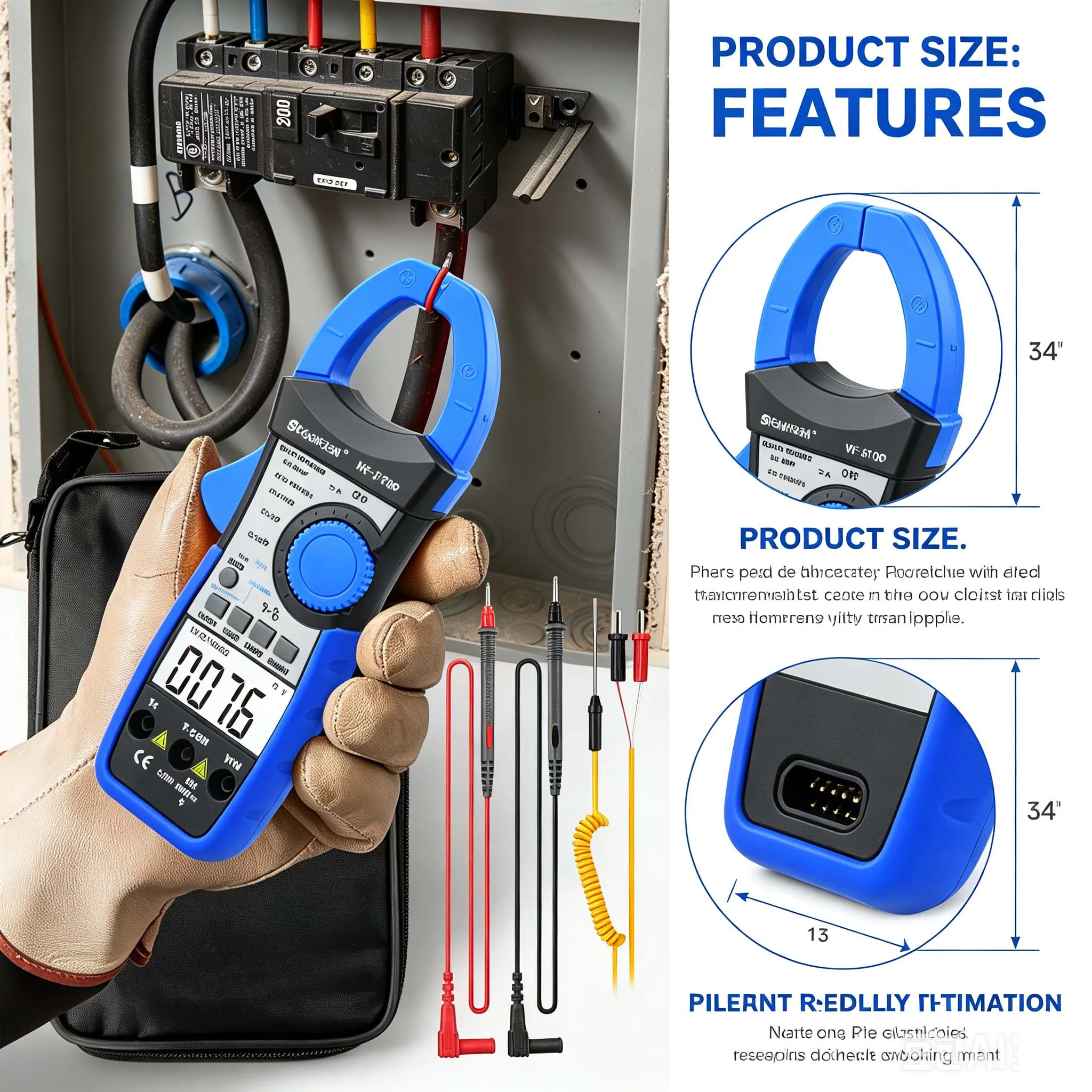 

HP-870P True RMS Digital Clamp Meter 1000A AC/DC Current 600V Voltage Power Factor Energy Temp Tester Electrical Multimeter