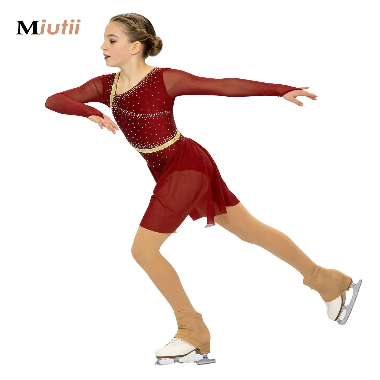 

Kids Girls Figure Skating Rhythmic Gymnastics Leotard Dress Mesh Long Sleeves Asymmetrical Split Rhinestones Dress Ballerina Top