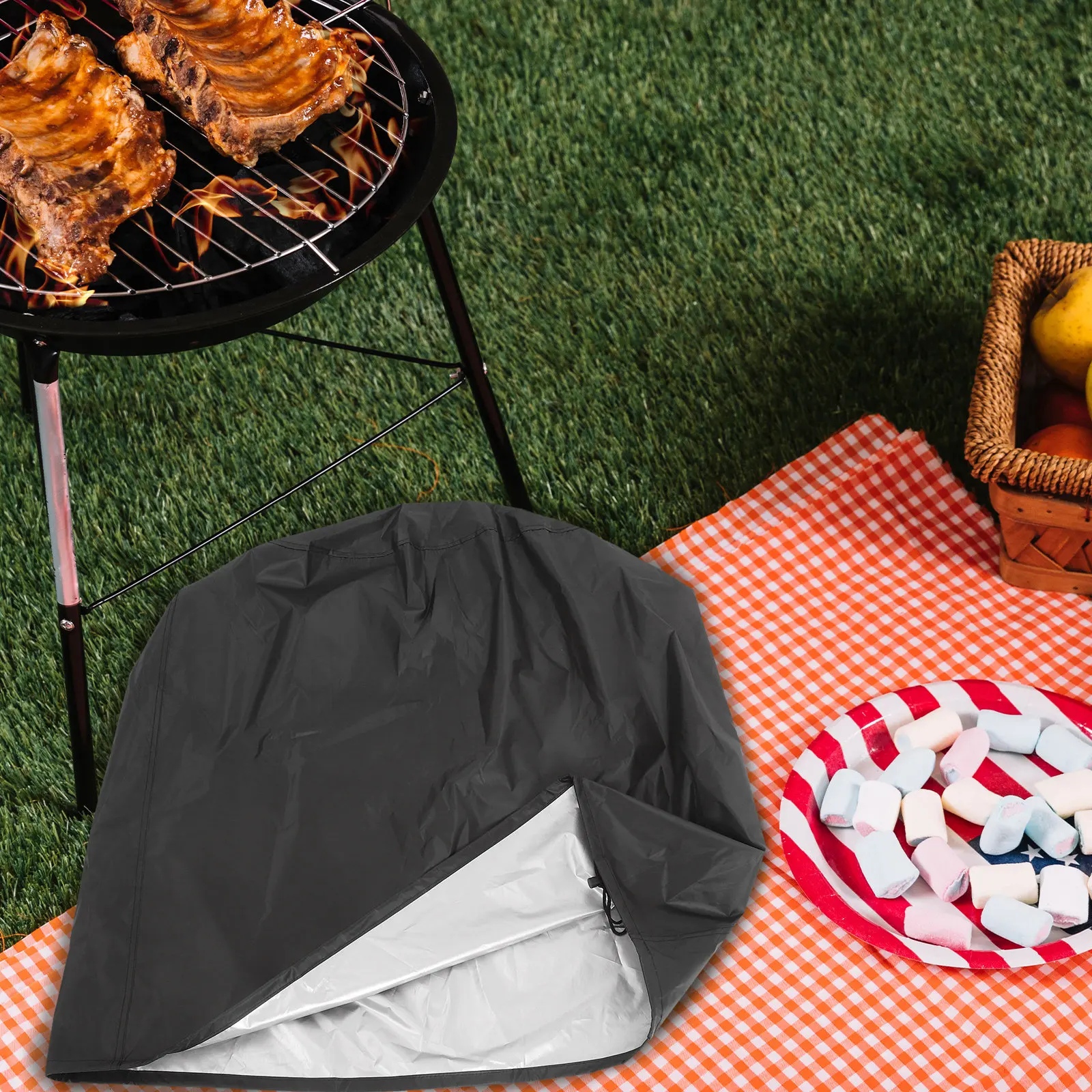 Polyester Outdoor Bbq Grill Cover 58x77cm Weatherproof Windproof Sun Protection Round Fire Pit Cover for Small Charcoal Gas