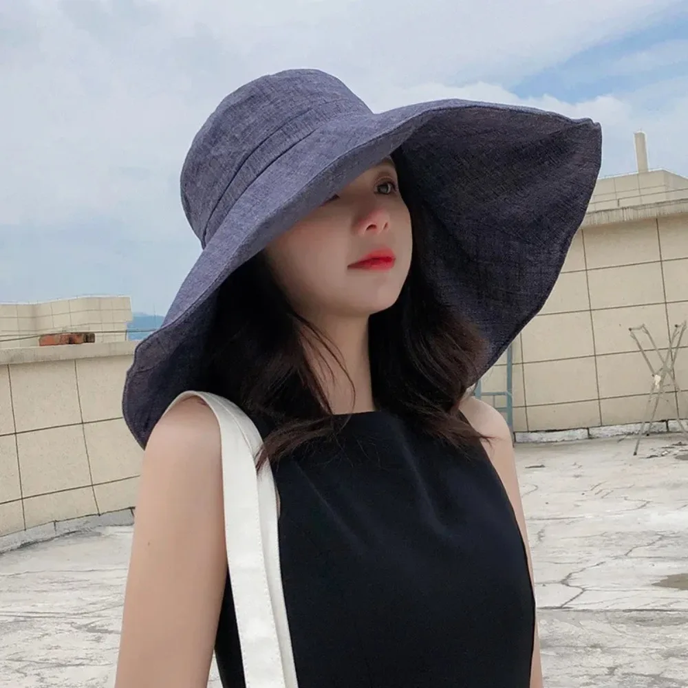 Summer Wide Brim Linen Sun Hats for Women Uv Protection Sunshade Foldable Bucket Hat Beach Outing Hat Gorras Para Mujer Кепка 모자