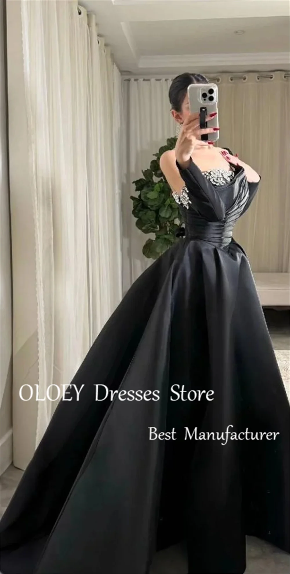 OLOEY Modest Black Red A Line Evening Dress With Dethable Sleeves Arabic Wedding Party Gown Pleats Satin Floor Length Customized