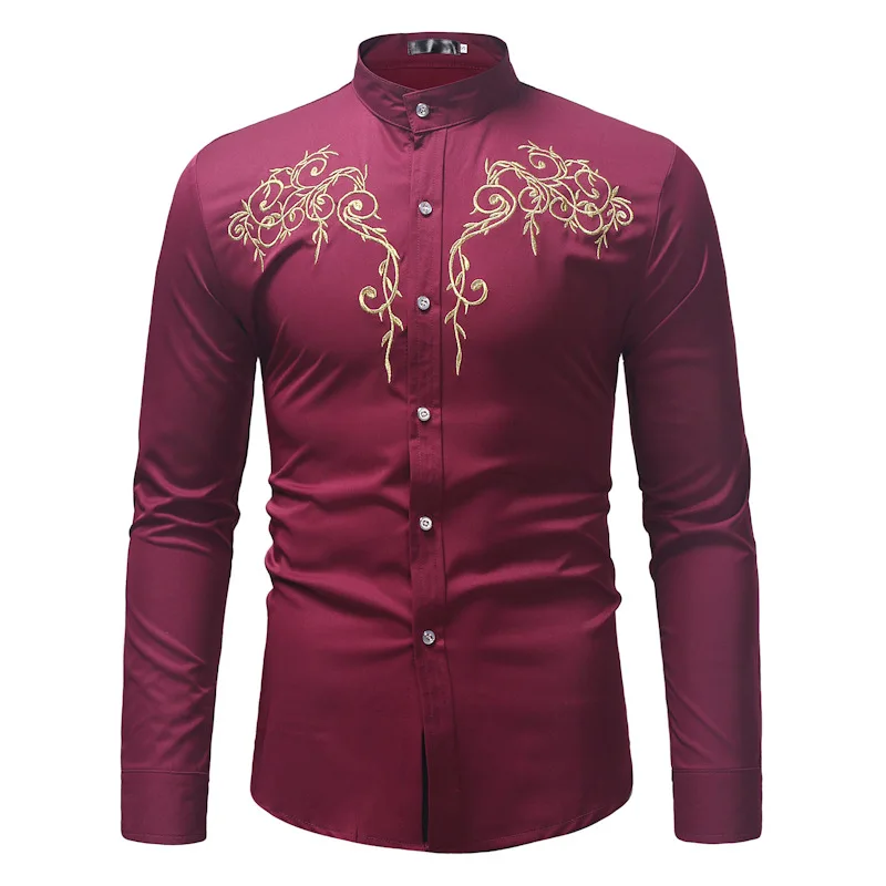 New Men Lapel Embroidered Shirt Black / White / Wine Red Fashion Male Business Social Wedding Prom Party Dress Tops