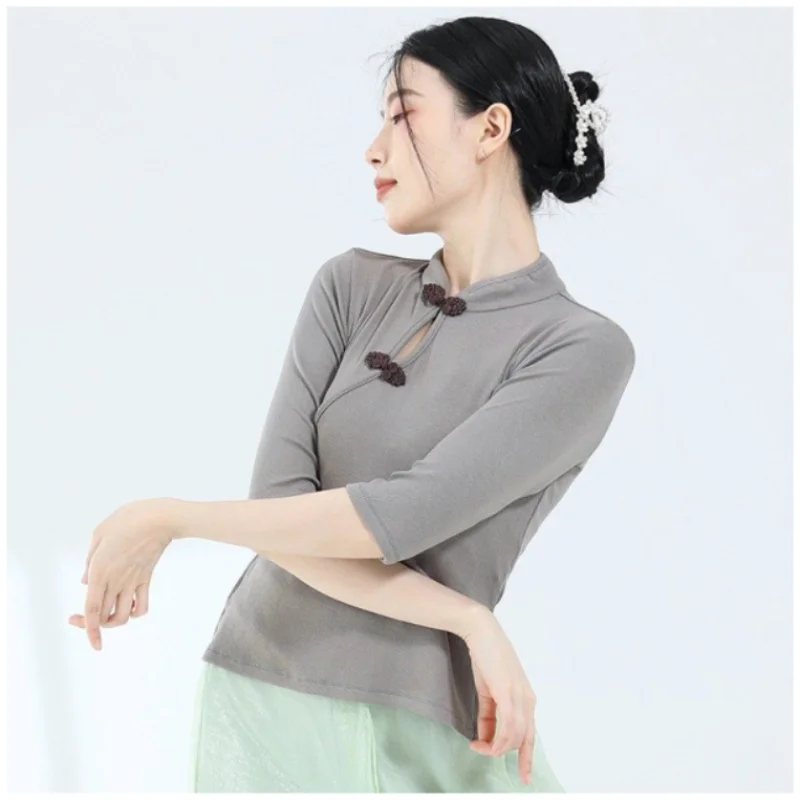 

Классический танцевальный топ с вырезами, на пуговицах, с воротником, средней длины рукава, облегающий, для тренировок, женский...