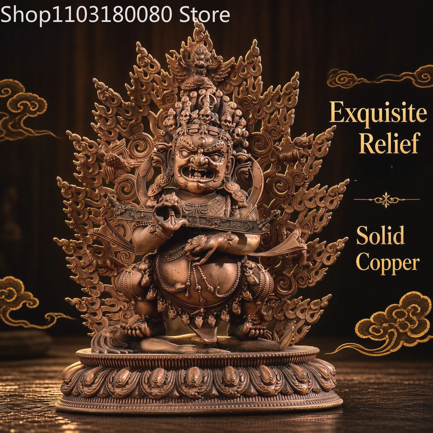 Red Copper Hand-Carved Two-Armed Dandapani Mahakala Statue Tibetan Panjaranata Mahakala Protector Sculpture,23cm,15cm,10cm