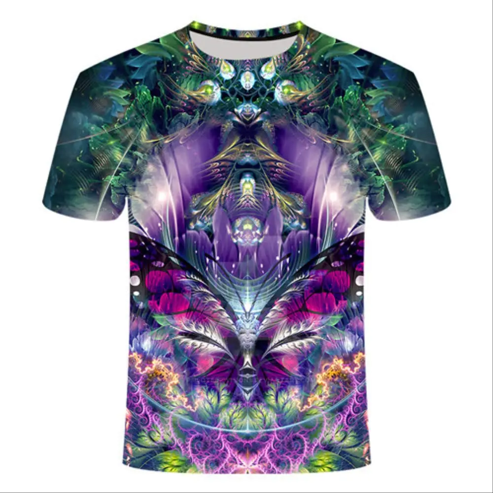 Men 3D Fractal Psychedelic Graphic T-Shirt Sacred Geometry Full Print Short Sleeve Summer Casual Streetwear Loose Tee