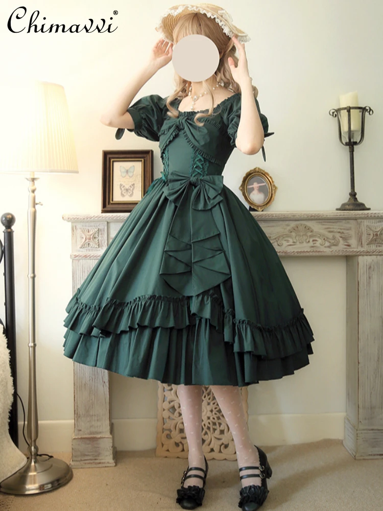 New 20224 Autumn Solid Color Lolita OP Dress Elegant Women's French Style Big Bow Ruffled Short Sleeve Slim Mid-length Dresses