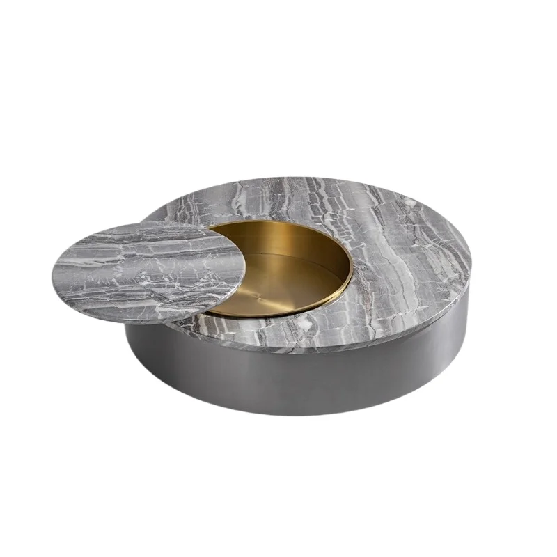 

Italian minimalist stainless steel round coffee table rotating light marble round table