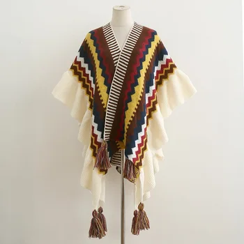 Women Ethnic Style Poncho Capes Ladies Fashion Stripe Colorful Knit Oversized Poncho Wrap Fringed Shawl Bohemian