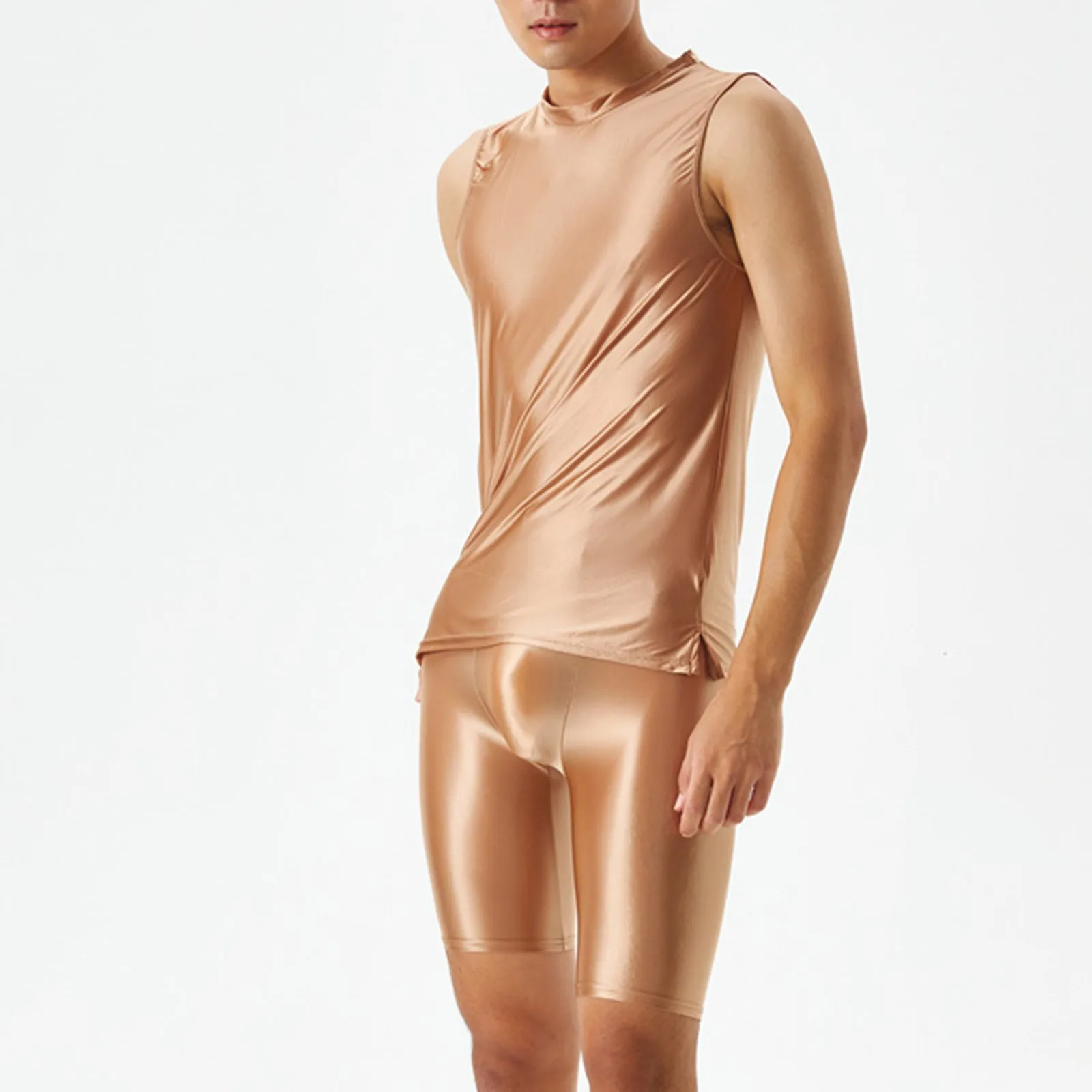 Męski, błyszczący garnitur, seksowny, jedwabisty, przezroczysty zestaw spodni i kamizelki, do kulturystyki. Prezent na Wielkanoc dla męża