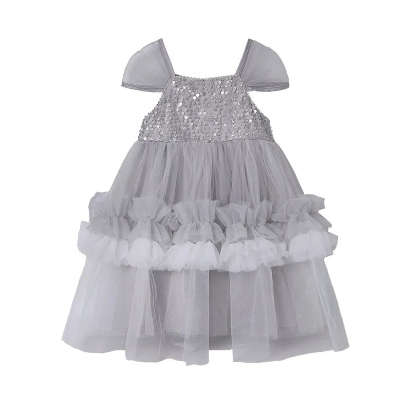 ชุดเจ้าหญิงสาว 2025 ฤดูร้อนใหม่ตาข่ายเค้กกระโปรงคุณภาพสูงสีเทาวันเกิดอุตสาหกรรมหนักชุดประกายกระโปรงอ้วน