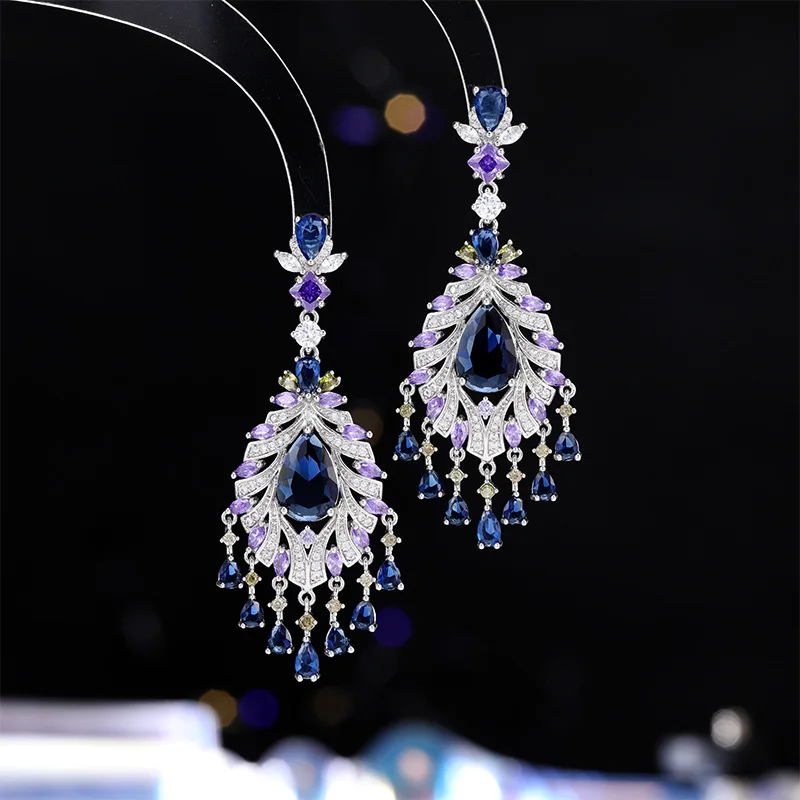 

Европейские и американские тяжелые модные легкие роскошные длинные серьги с кисточками и перьями для женщин, элегантные серебряные иглы S925, вечерние аксессуары