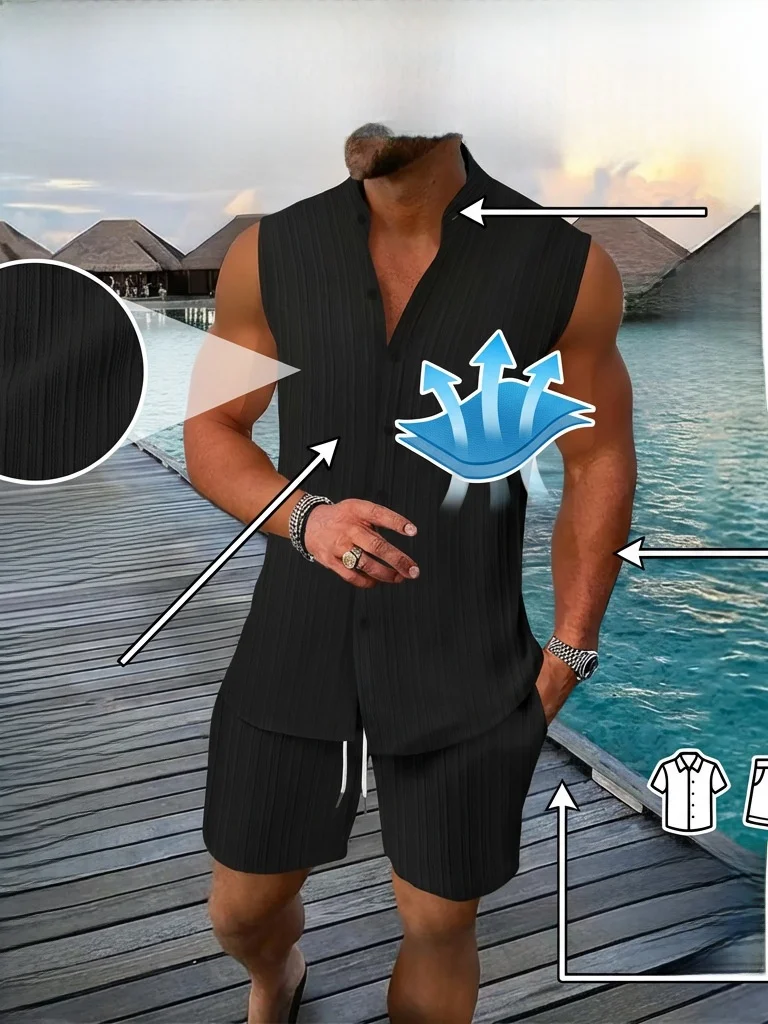 

Мужской комплект: рубашка с воротником-стойкой, жилет и шорты. Повседневная спортивная одежда из полиэстера. Модный комплект с коротким рукавом для осеннего сезона.