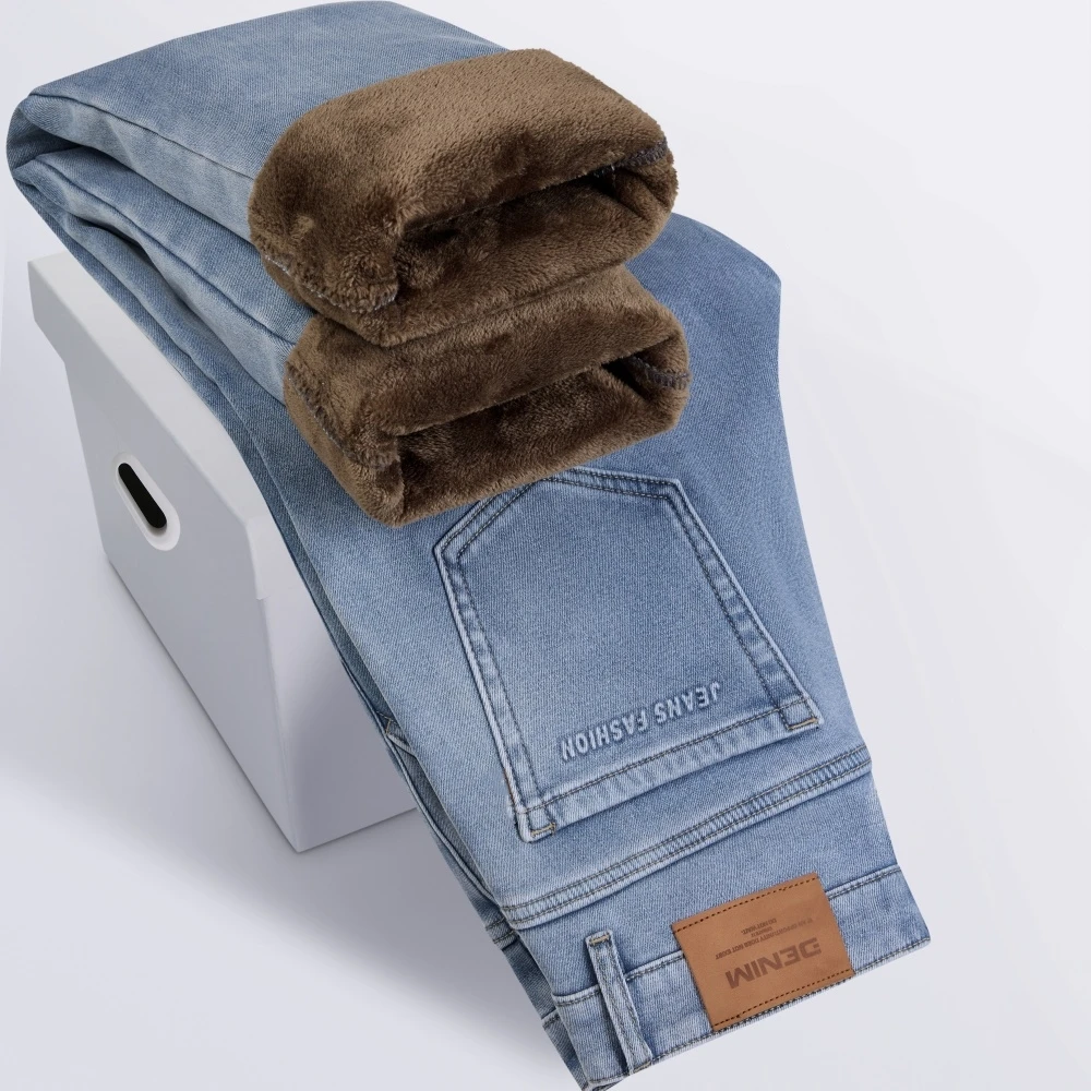 Winter New Fleece Thick Warm High-quality Light Blue Men's Straight Loose Jeans Comfortable Cotton Elastic Business Casual Pants