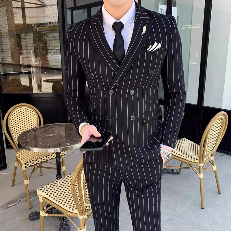 

Black Stripe Men's Suits 2 Pcs Peak Lapel Double Breasted Male Clothing Prom Party Elegant Wedding (Jacket + Pants) Groom Dress