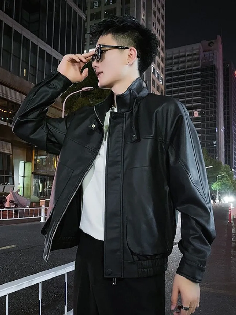 

Slim Fit Men's Leather Jaet Autumn Winter Faionable Biker Sle Korean Version Light Luxury Outerwear Coat