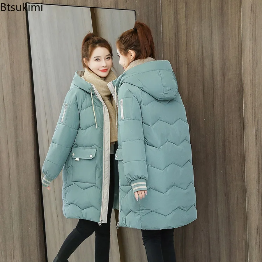 2026 Winter Women Medium Length Jacket Coats Long Parkas Female Down Cotton Hooded Overcoat Loose Casual Thick Warm Jackets