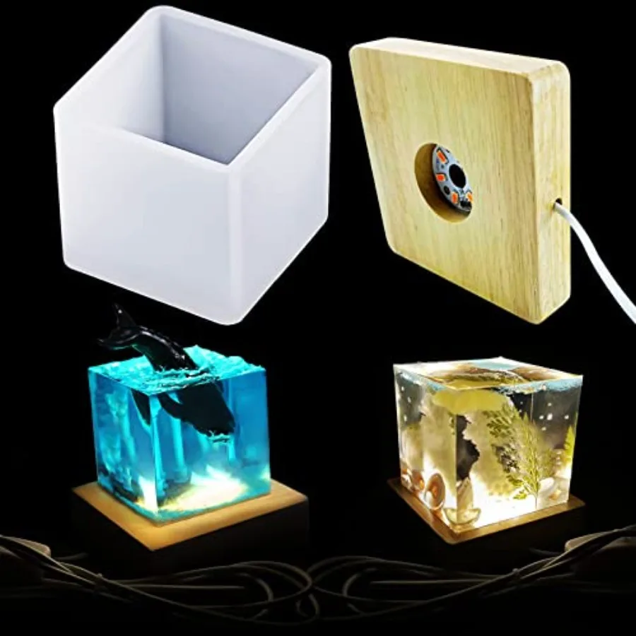 Light Resin Square Molds, Large Cube LED Silicone Moulds for Resina with USB Powered Wooden Lighted Base for DIY Crystal Resin