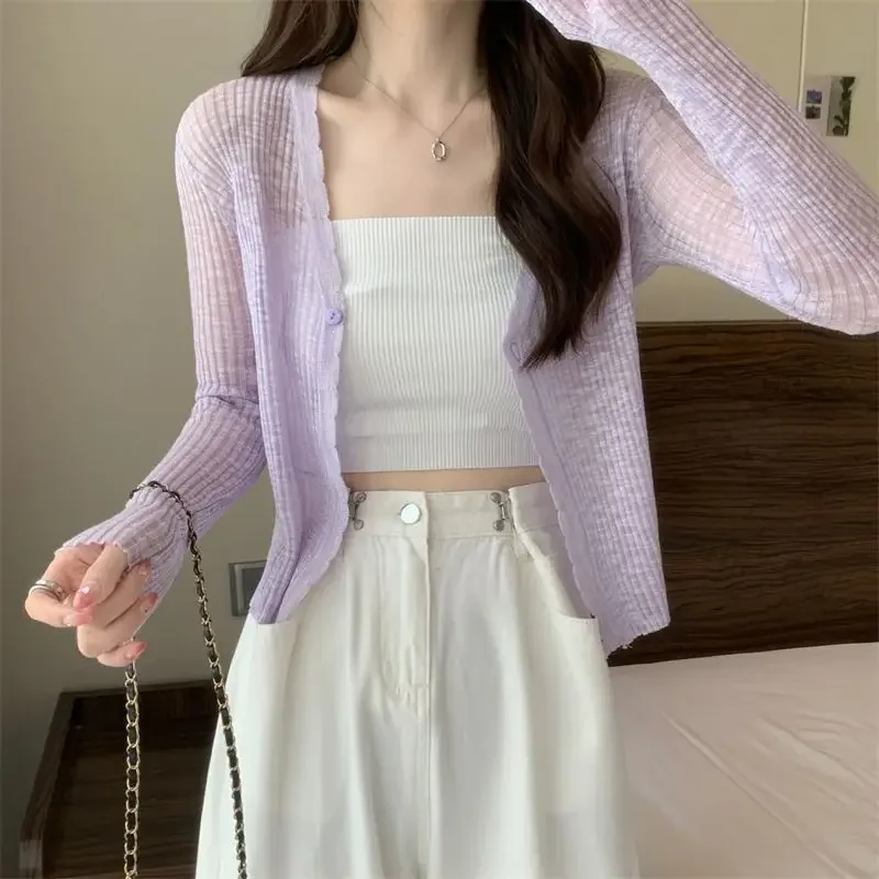 Thin Ice Silk Cardigan White Women Long Sleeve Knit Coat Slim Crop Top Korean Fashion Simple Casual Sunscreen Clothing Wholesale