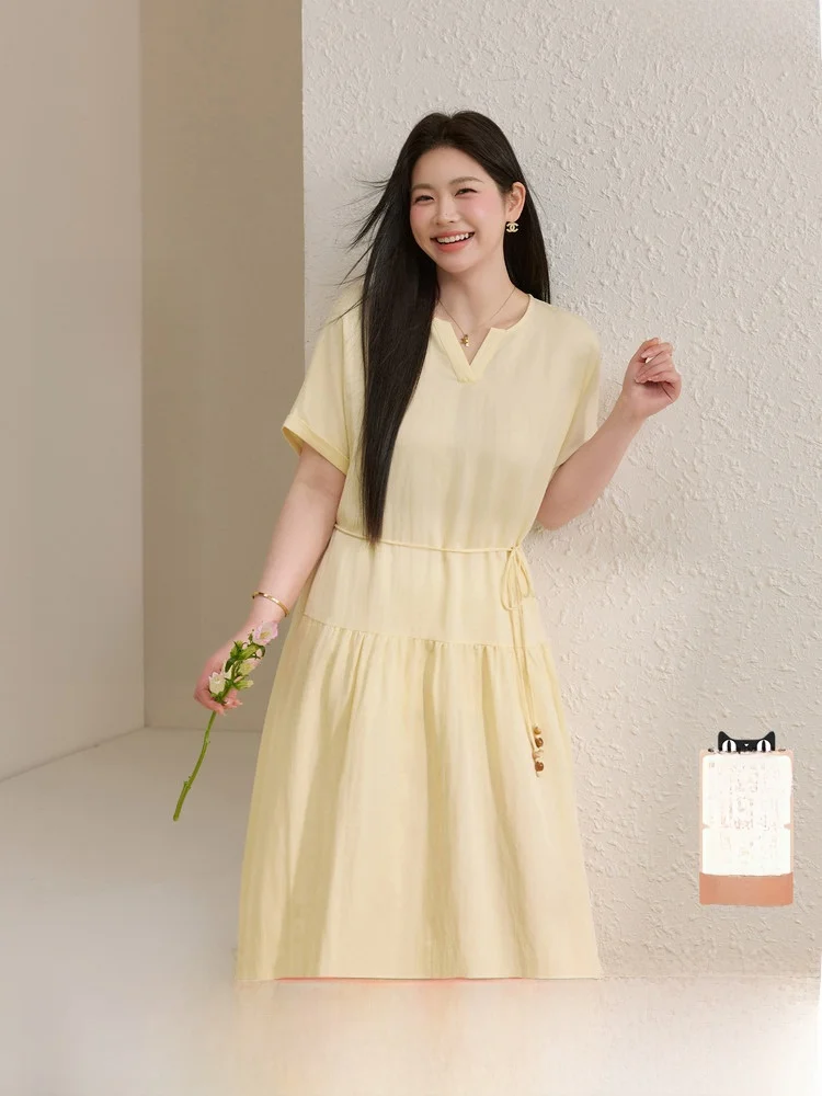 

Waist-Cinching Belted Dress Elegant Slimming Design for plus Size Women Summer New Arrival A-Line Midi Dress V-Neck Short Sleeve