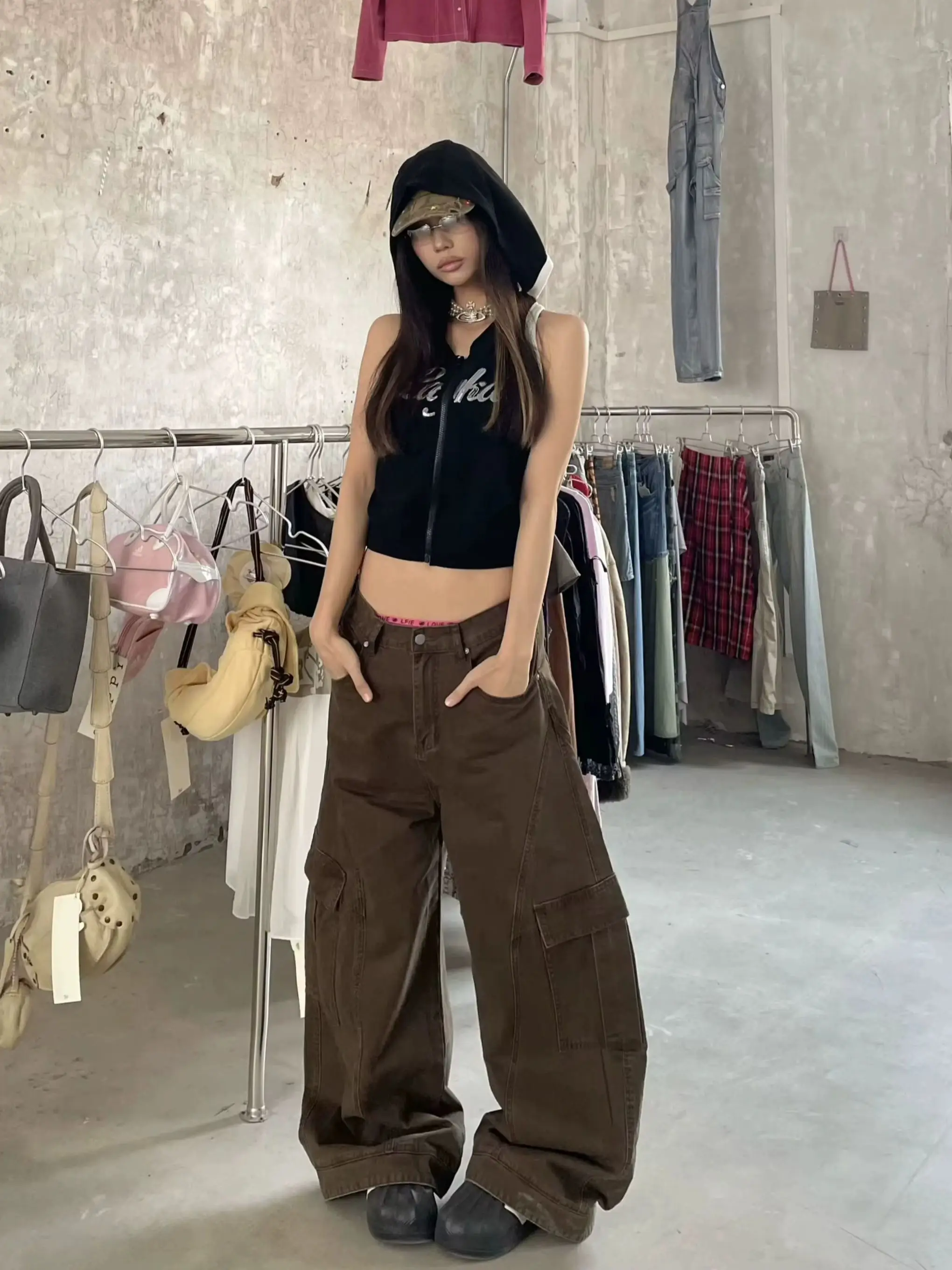 Y2K Cargobroek Dames Vintage Bruine Multi Pocket Werkbroek High End Y2K Fashion 3D Tapered Fit